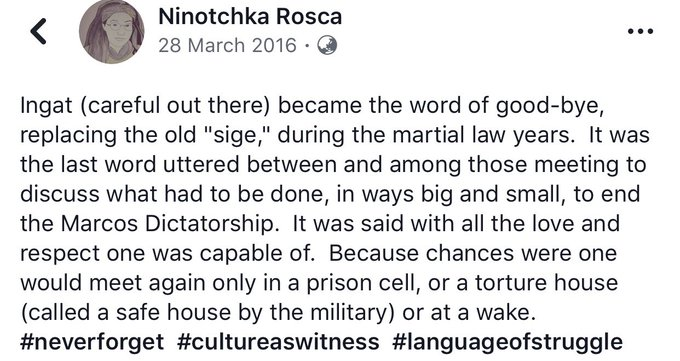 steftran's tweet photo. For international folks: about why Filipinos, to this day, say "ingat" (be safe / be careful / take care) every time they say goodbye. alt text available. #NeverForget #NeverAgain #MarcosNOTaHero https://t.co/2Rz1Jn55vB