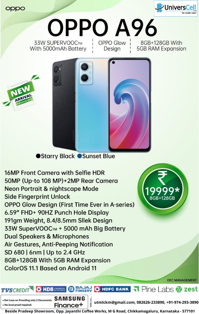 universcell's tweet photo. universcell 

𝗢𝗽𝗽𝗼 𝗔𝟵𝟲 Universcell The Mobile Leader

Visit now : Universcell mobile shop, Beside Premdeep Showroom, Opp. Jayanthi Coffee Works, M G Road, Chikkamagaluru, Karnataka - 577101

Contact : +91 97429 33890

#universcell
#vishcreatives
#OppoA96 https://t.co/DPl4LqTEjS