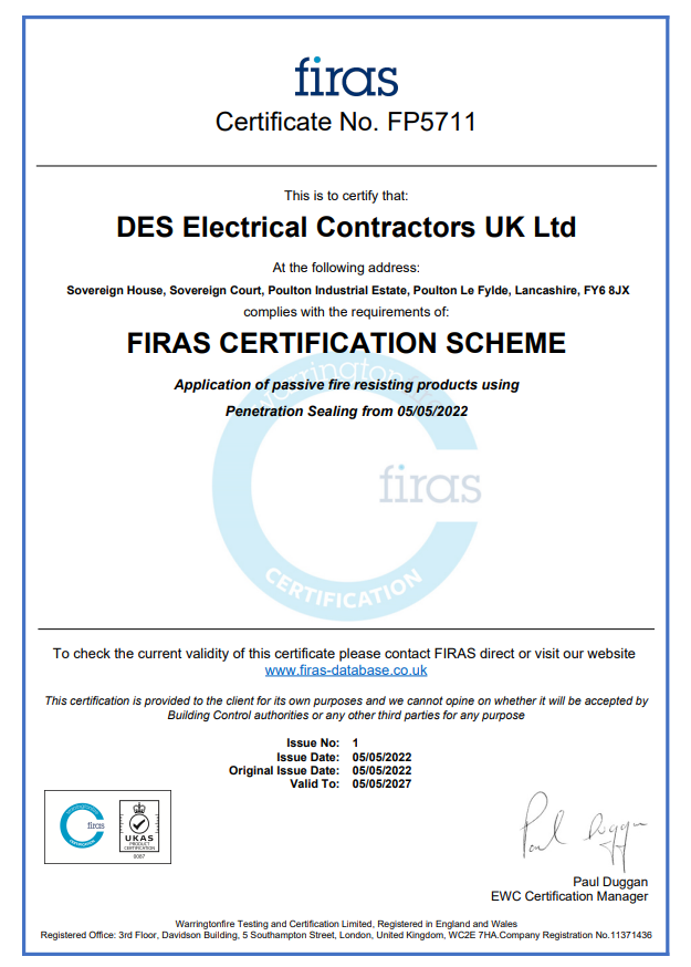 Now we are FIRAS-accredited! At DES Electrical Contractors UK Ltd, we take pride in our commitment to quality, and earning FIRAS is a significant accomplishment. #passivefireprotection #electrical