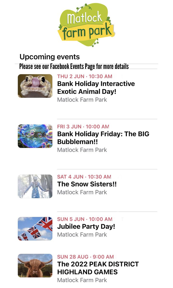 UPCOMING EVENTS 
#matlockfarmpark 
Please see our Facebook Events Page for more details 😀

<a href="/vpdd/">Visit Peak District & Derbyshire</a> <a href="/chesterfielduk/">Chesterfield</a> @ChesterfieldVIC <a href="/AshbourneMuseum/">Ashbourne Historical Centre</a> <a href="/PeakVenues/">Peak Venues</a> <a href="/DerbyshireGuide/">Visit Derbyshire</a> <a href="/VisitPeaks/">Wendy Boast 🌼🌝🍂🐾💙⚽️📚🇪🇸🐶🌳🥘</a> <a href="/ukdayout/">Visit Attractions</a> <a href="/eastmidshour/">East Mids Hour</a> #Jubilee #PeakDistrict #Derbyshire #MayDay #MayDay2022