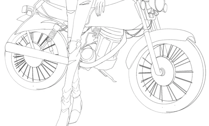 たち絵にバイクをつけちゃってもう全てがいやになった、前輪のごちゃごちゃしたところとかタイヤとか…
後輪のごちゃごちゃしたところとか 