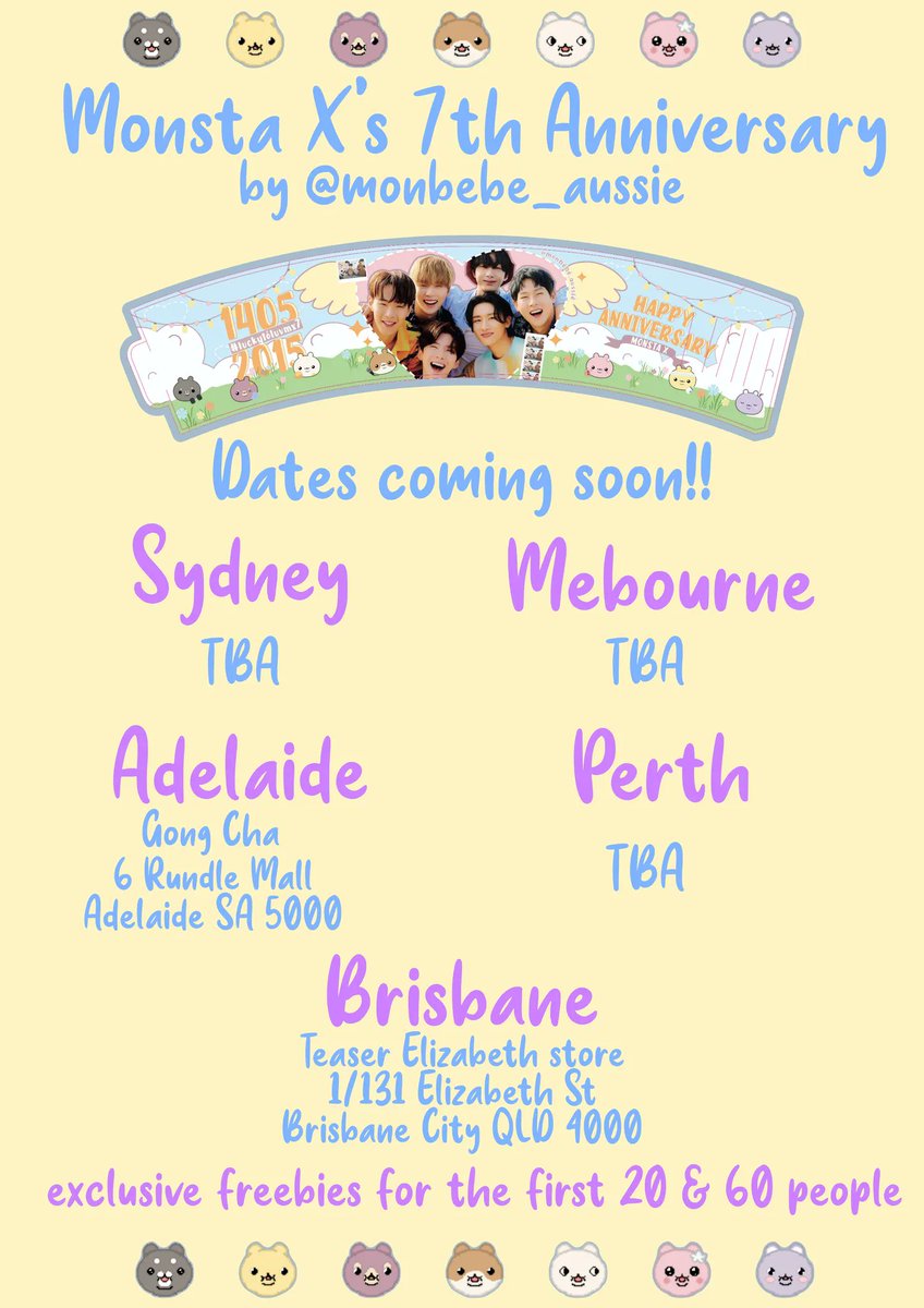 monbebe_aussie's tweet photo. Anniversary May Event Update!!
This is the poster for the event, we will update the TBA spots as we go. We are still waiting for confirmation on the locations so hopefully we will have that ready by the end of the week. https://t.co/UbfX0xsQsP