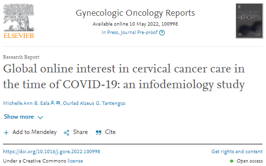 MichelleEalaMD's tweet photo. My 1st full paper as 1st author, with my classmate @drdrlads ππ΅π #2020Legendary @UPManilaOnline @gynoncjnls
Global online search interest in #CervicalCancer β¬οΈ during the pandemic, mirroring β¬οΈ screening rates. #LMIC had β¬οΈ online search interest.
https://t.co/lZqA3LMjEc https://t.co/SdheKERGQv