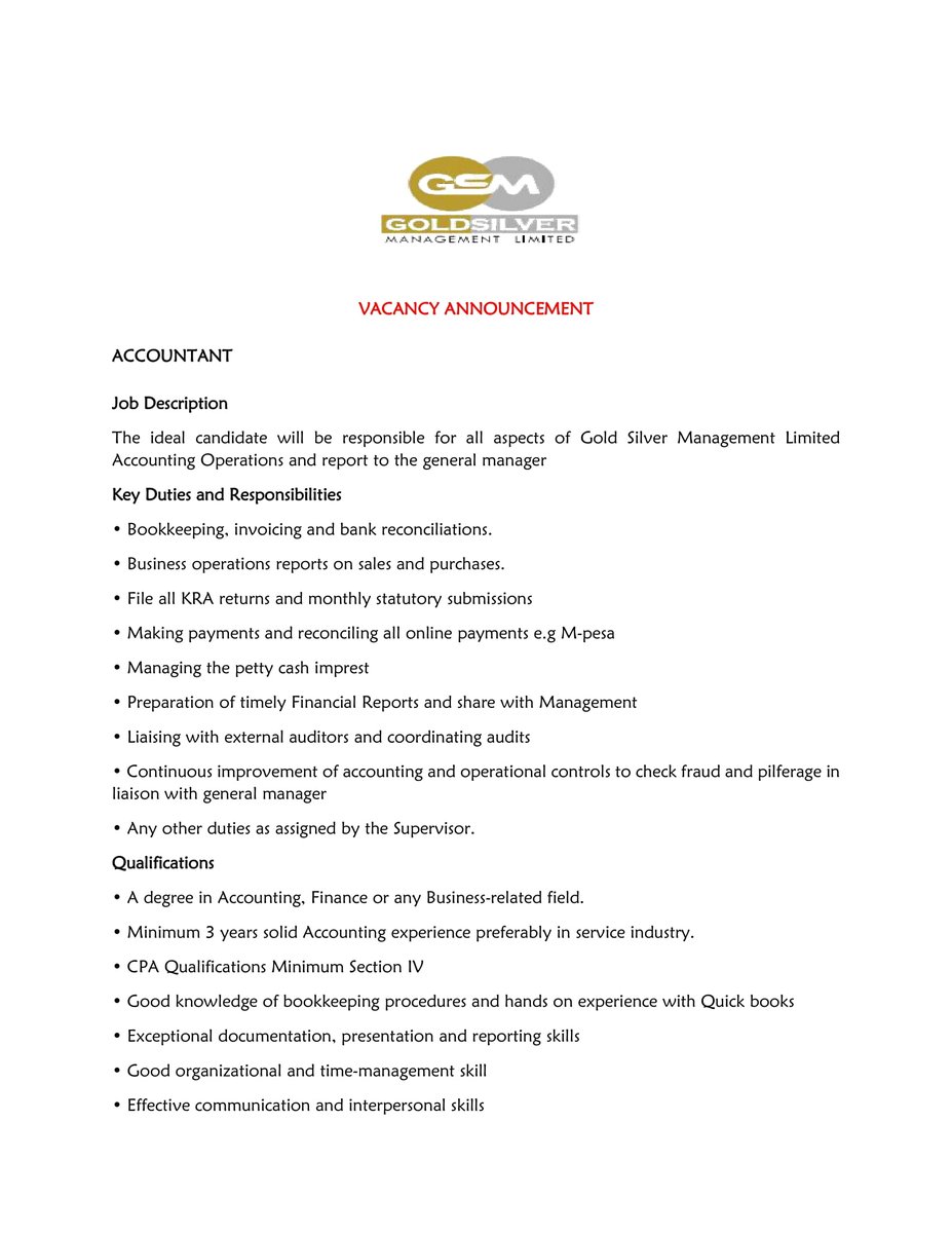 gosdiam's tweet photo. We're looking for an accountant at Goldsilver management. Kindly rt.
#IkoKazi #IkoKaziKE https://t.co/kbG8QDDRc5
