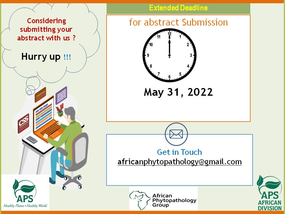 phytopathafrica's tweet photo. COUNTDOWN TO GRADUATE STUDENTS ABSTRACT SUBMISSION : 20days to go 
For submission details check here 👇
https://t.co/w6Ok0eEGYe
Please Retweet this! 
@plantdisease @nov1873 @MJ_Ojonuba  @LourenaArone @smallowa @mbewewillard @deejite1086 @DrBophela @moyo_plantpath https://t.co/JaOsov4TLL