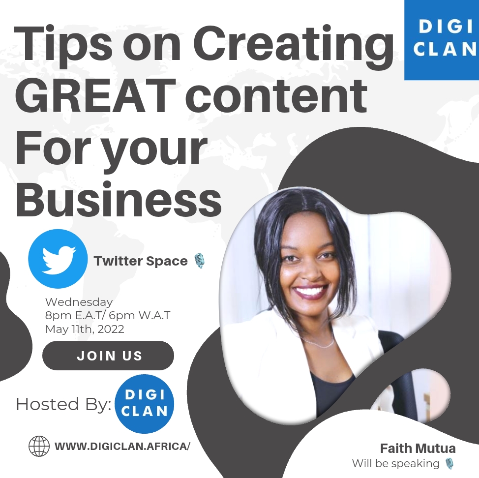 SimonSaysMaingi's tweet photo. In 30 minutes!!! This lady with a bright smile @MutuaFaith4 will be sharing her expertise on Content that you need to make for your business right here on this space: https://t.co/WKscB79gTH https://t.co/adwqvBcJLx