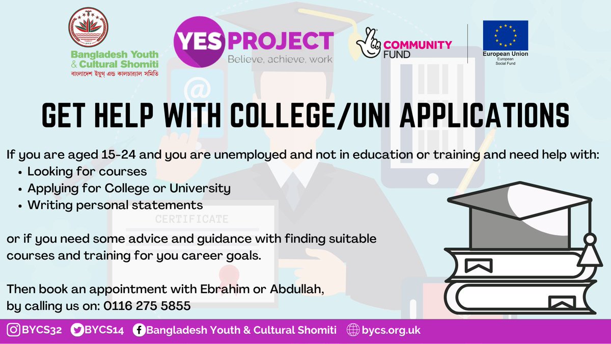 BYCS14's tweet photo. If you are aged 15-24 and need help with:
-Looking for courses
-Applying for College or University
-Writing Personal Statements

or if you need some advice and guidance about courses, then get in touch by calling us on: 0116 275 5855

#YESProject #Leicester #College #University https://t.co/pTjG7deMw8