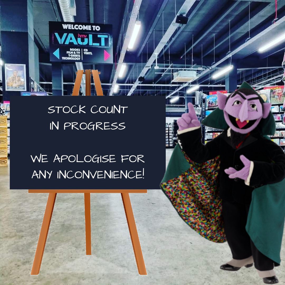 hmvVault's tweet photo. The Count is here! Ah ah ah! We're taking inventory here at The Vault today so some areas of the store may be closed, we apologise for any inconvenience! Don't worry though, we'll be back tomorrow as normal!
#stockcount #inventory #count #ahahah #sevenbats https://t.co/v42gZ2hhY9