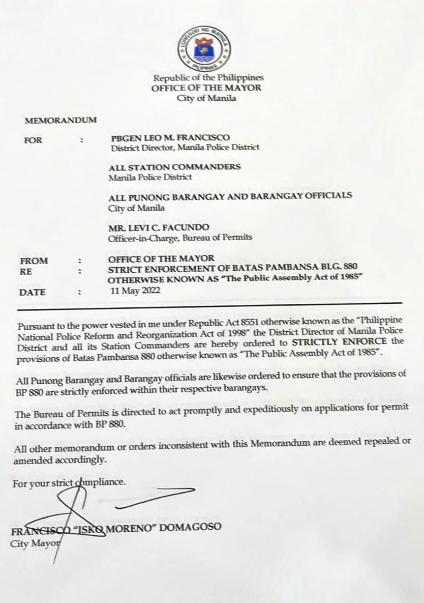IskoMoreno's tweet photo. Pinirmahan po natin ngayong araw ang isang memorandum na nagbabalik ng pagkuha ng permit para sa mga nagnanais magsagawa ng rally sa ating lungsod. https://t.co/zJxmUxgszk