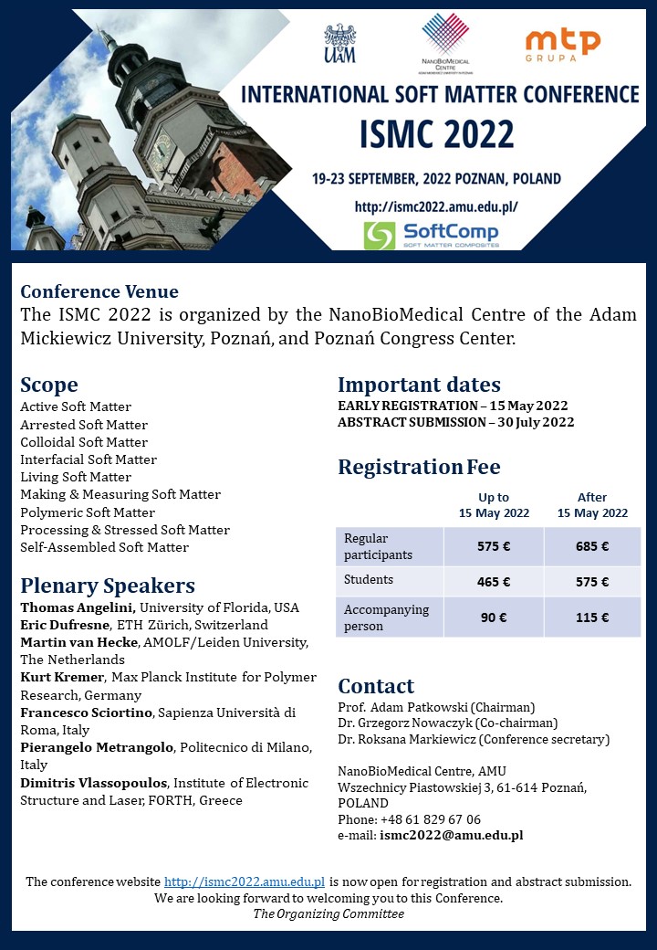 ISMC2022's tweet photo. 📣📣📣

Deadline for the early-bird registration: May 15th

Register now for the ISMC 2022 and take advantage of the opportunity of a lower fee!

#SoftComp #SoftMatter #ismc2022 https://t.co/gtfoywlsBx