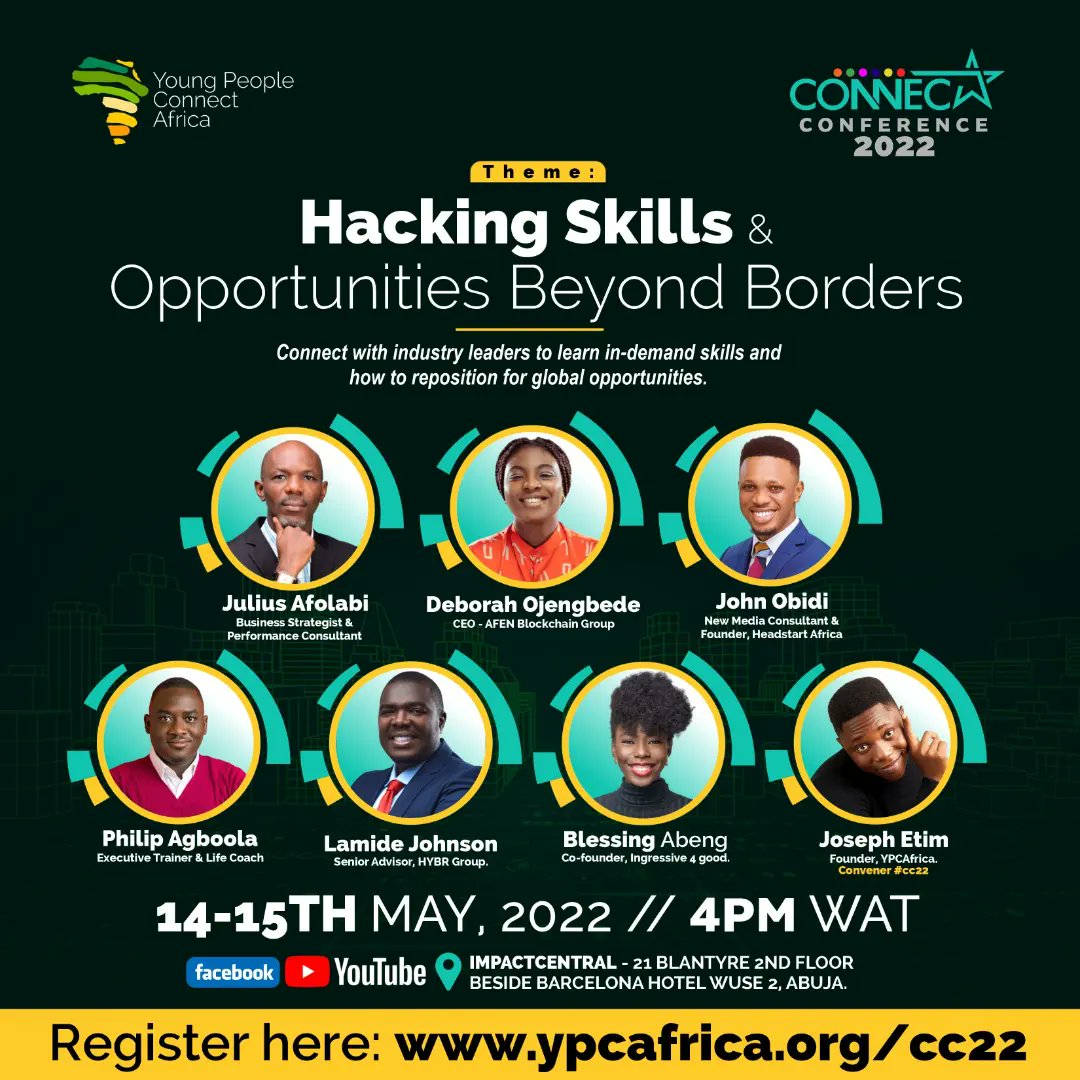 Foundationalnet's tweet photo. @philagboola , @lamidejohnson , and many others.

The conference will take place in Abuja, but you can attend from anywhere on the world.

Visit https://t.co/XXatoeHD56 to register.

For more information, go to @ypcafrica official page. https://t.co/RPQzu6RvP5