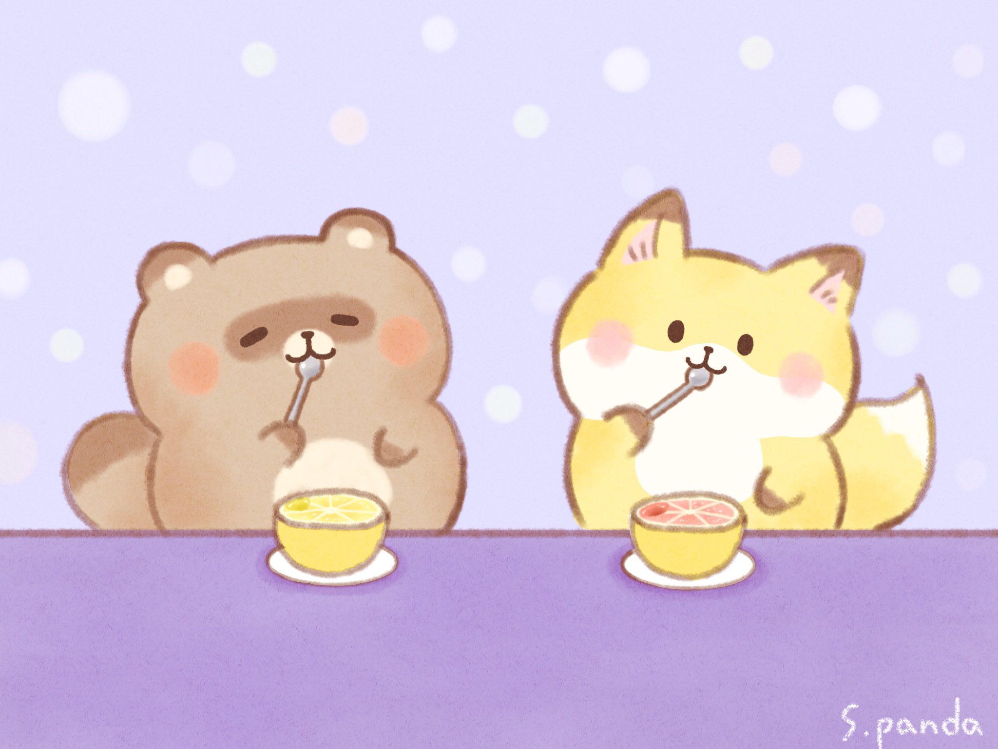 桜田ぱんだ ゆるかわイラストレーター 甘くてほろ苦いグレープフルーツ たまに無性に食べたくなります ゆるい絵 ゆるかわ タヌキとキツネ ゆるイラスト展覧会 桜田ぱんだ T Co D6gonlalmi Twitter