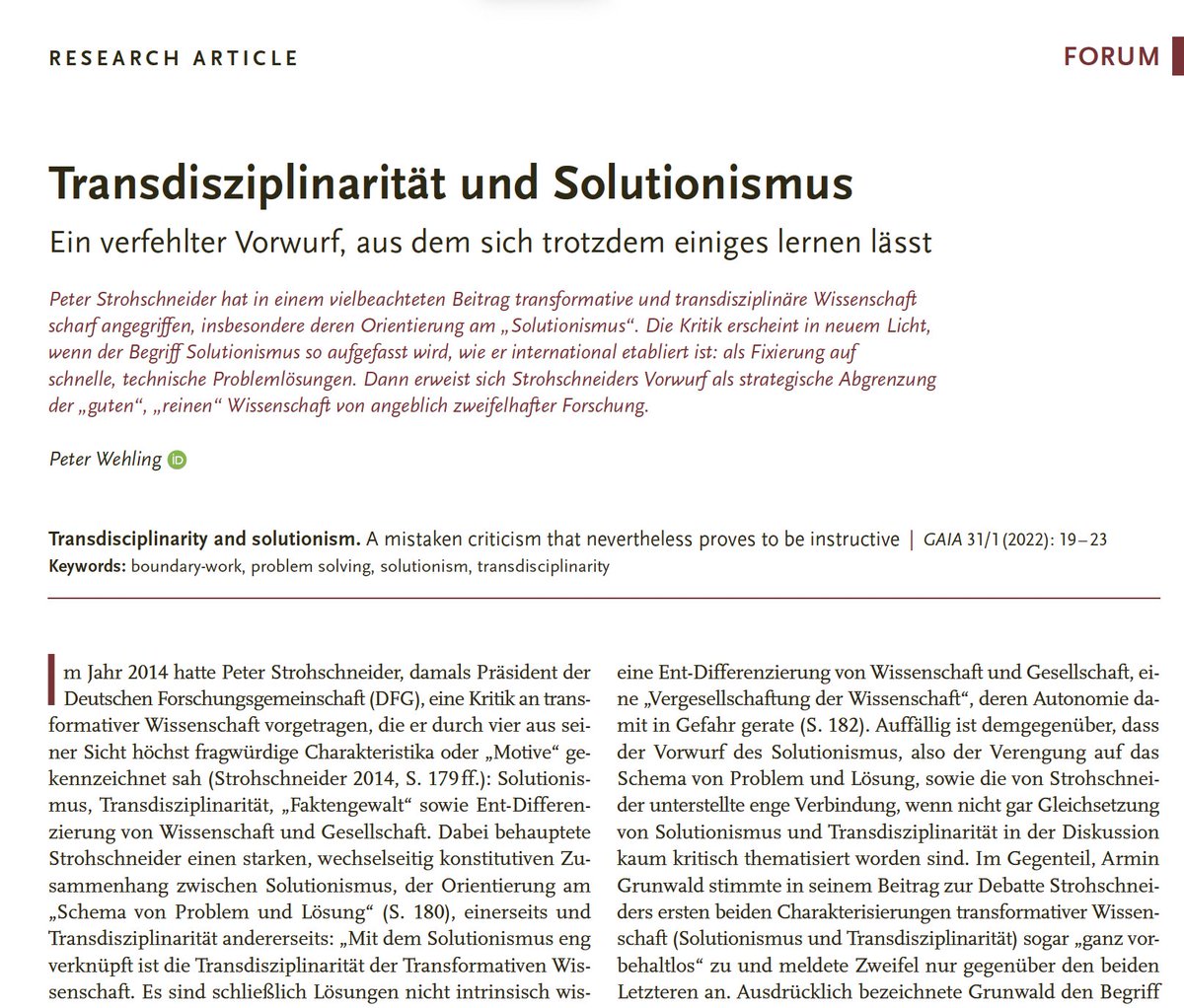 Peter Strohschneider #dfg hat transformative Wissenschaft scharf angegriffen, insbesondere deren Orientierung am Solutionismus. Peter Wehling kontert in GAIA und und legt den Begriff weiter aus. Lassen sich die Vorwürfe dadurch entkräften?  <a href="/tdAcademy_org/">tdAcademy</a> ingentaconnect.com/contentone/oek…