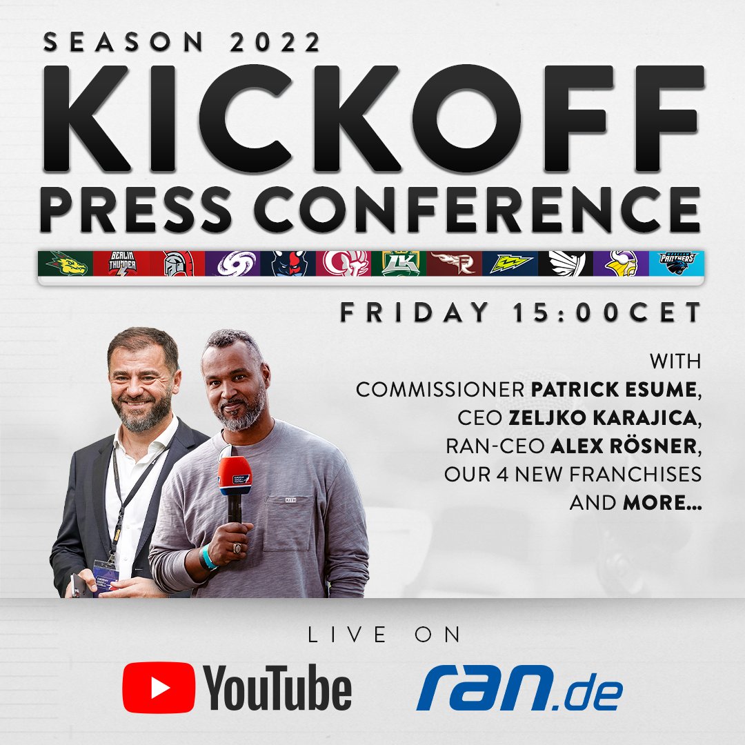 ELF_Official's tweet photo. It's time! Join our big press conference this FRIDAY live from Hamburg. 💪

Introducing our 4 new teams for this season &amp; a BIG announcement for the Championship Game. 

https://t.co/AT1IuZufM0 https://t.co/c9Bu2DEPA7