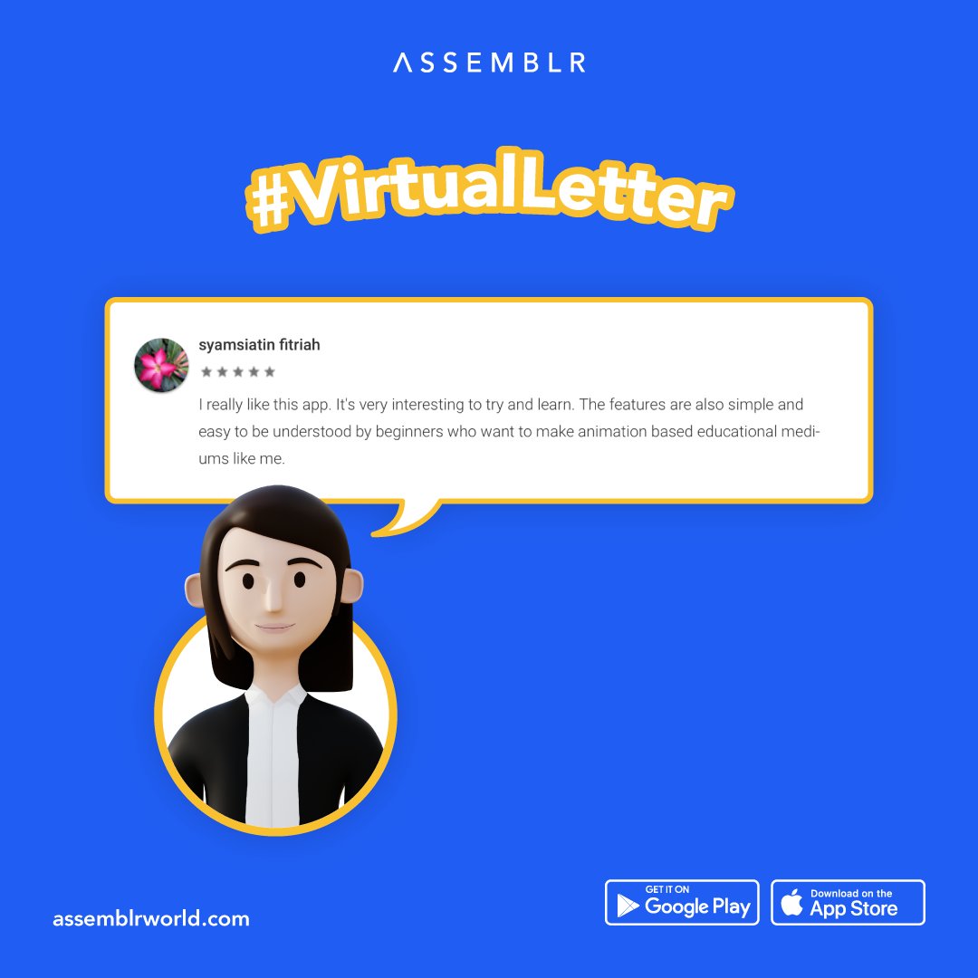 assemblrworld's tweet photo. We might be the ones making the app, but we certainly couldn’t agree more. These kind words always drive us to be better. For real 💙

Got anything to say about Assemblr? Drop yours below! 👇🏼

#assemblrworld #virtualletters #AugmentedReality #AR  #playstore #appstore #free https://t.co/wHJEk57RmN