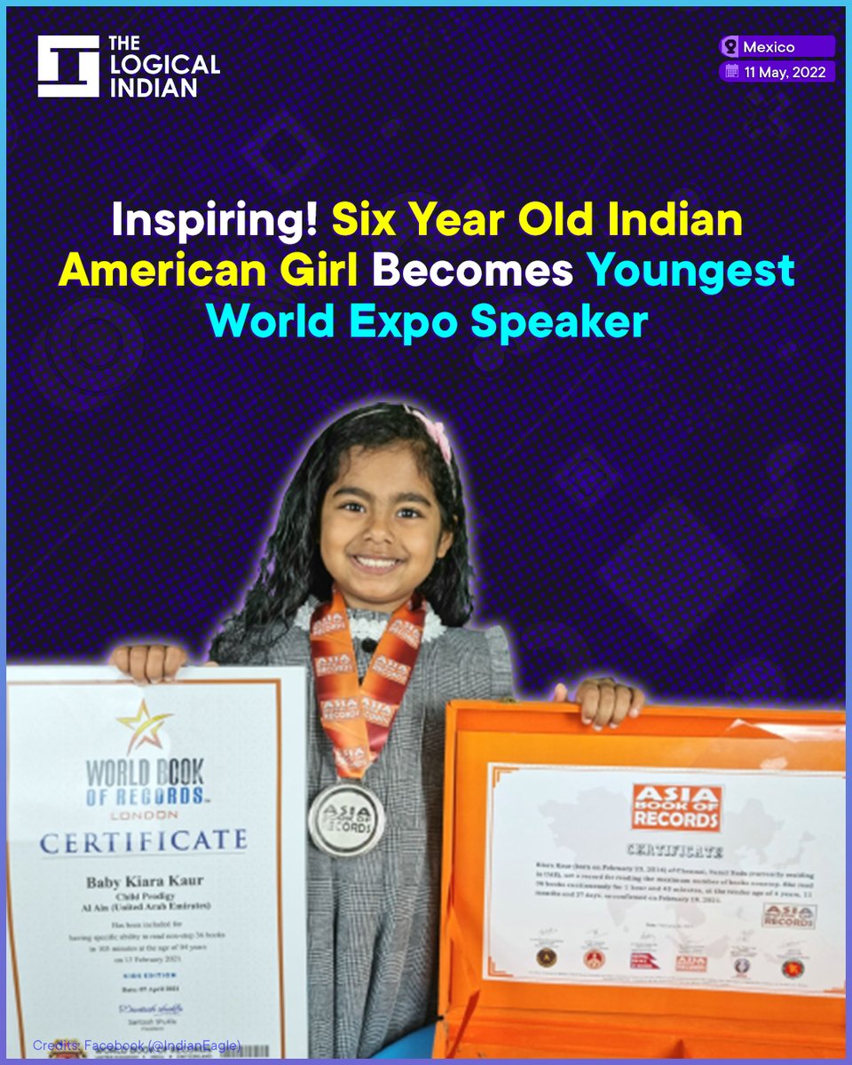 LogicalIndians's tweet photo. #recordholder - Six-year-old #IndianAmerican girl Kiara Kaur has become the youngest keynote speaker to address any World Expo, prompting the World Book of Records, London, to acknowledge this as a world record.
#Indian #YoungSpeaker #inspiring https://t.co/C6QBNaaeco
