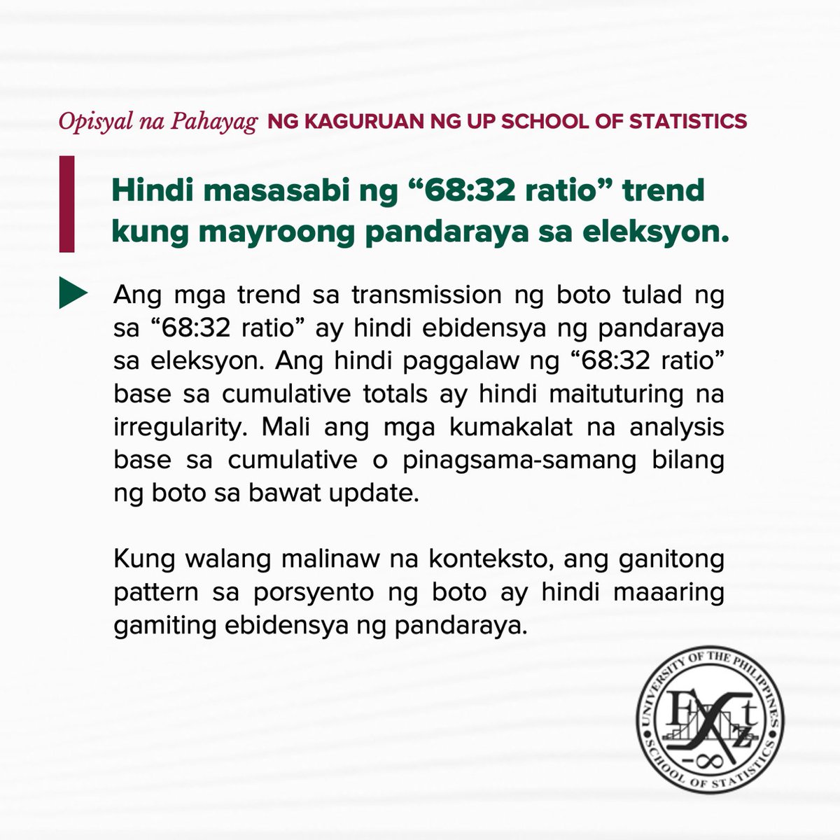 vpsison's tweet photo. Here is the official statement of the faculty experts from the UP School of Statistics with regards the “68:32 ratio” trend.

📸UP School of Statistics https://t.co/TLKIjHhcFj