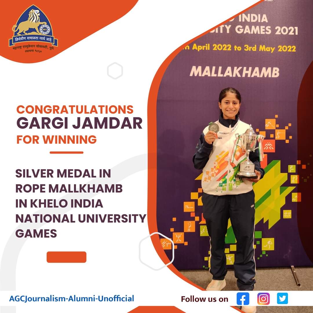 JournalismDepa1's tweet photo. Congratulations Gargi Jamdar
for Winning Silver Medal in
rope mallkhamb in Khelo India
National University Games.
#KheloIndia #kheloindia2022🥇 #mallakham #mallakhamb #ropemallakham #ropemallakhambgirl #regionalgame #abasahebgarware #garwarecollege #journalism #masscominication https://t.co/ncZhG7FVD3