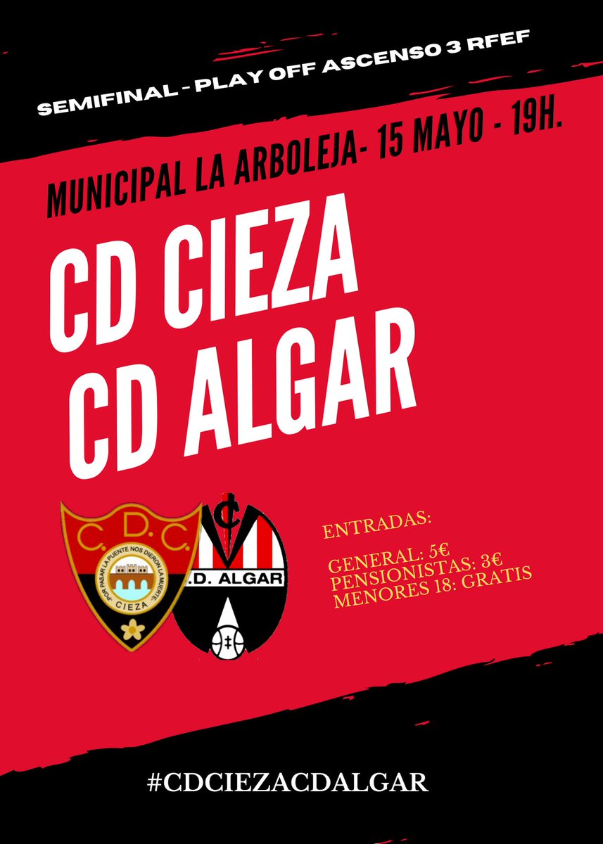 cdcieza_'s tweet photo. SEMIFINALES | 🔴⚫

El domingo nueva batalla por el ascenso. Recibimos al @CD_Algar.

🔥🔥¡Queremos otra caldera!🔥🔥 https://t.co/TAEkLltzjh