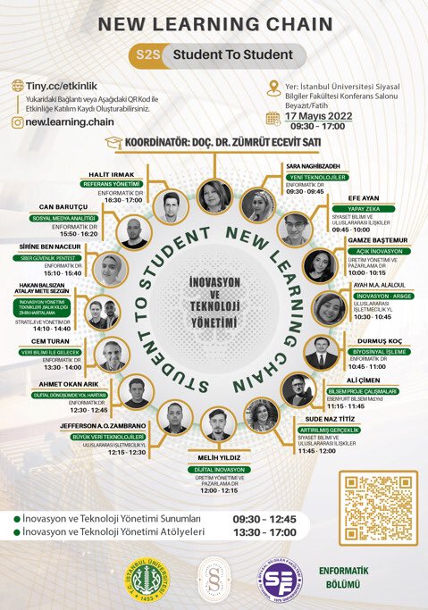 iuenformatik's tweet image. Doç.Dr. Zümrüt ECEVİT SATI danışmanlığında, Enformatik ABD Doktora öğrencilerinin de aktif olarak yer alacağı &quot;New Learning Chain: S2S Student to Student&quot; etkinliği 17 Mayıs Salı günü İÜ Siyasal Bilgiler Fakültesi Konferans Salonunda!