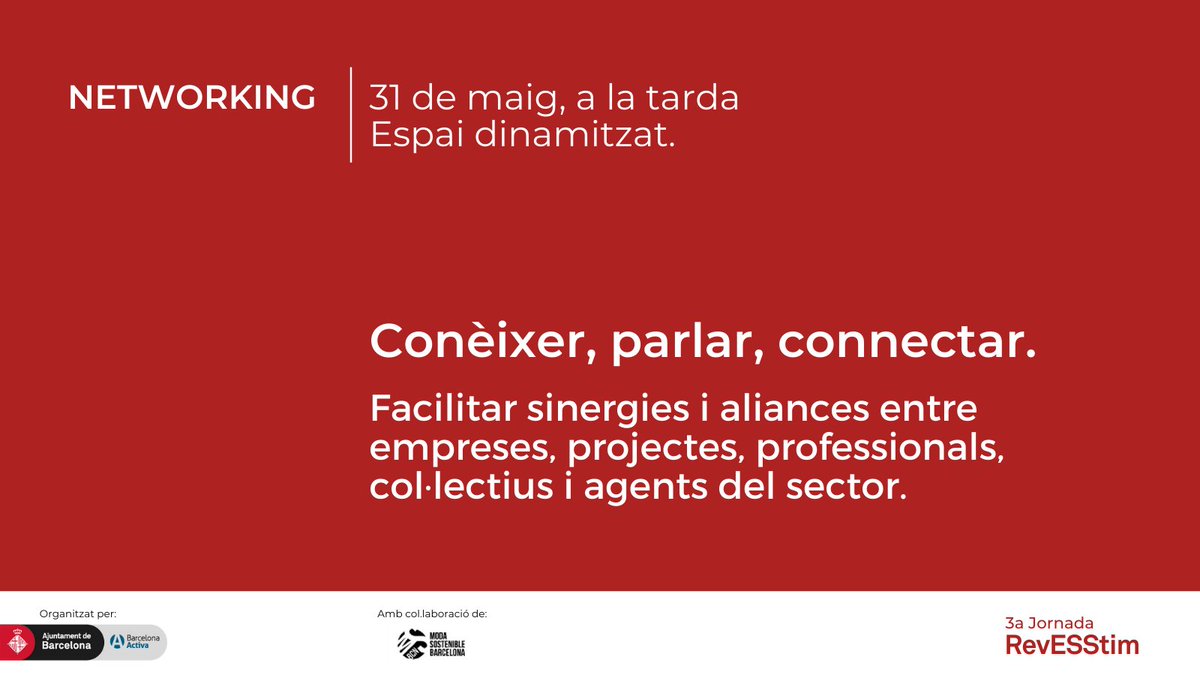 Calidoscoop's tweet photo. #Networkingtextil: Conèixer, parlar i connectar
👋Un espai dinamitzat per a fer xarxa, contactes i intercanviar sinergies
🗓️31/05 #3aJORNADAREVESSTIM
Inscripcions: https://t.co/UDdc3hTs26
#barcelonaactiva #modasostenible #modabarcelona #xarxatextil #netwoorkingbarcelona https://t.co/KLZZv34rj2