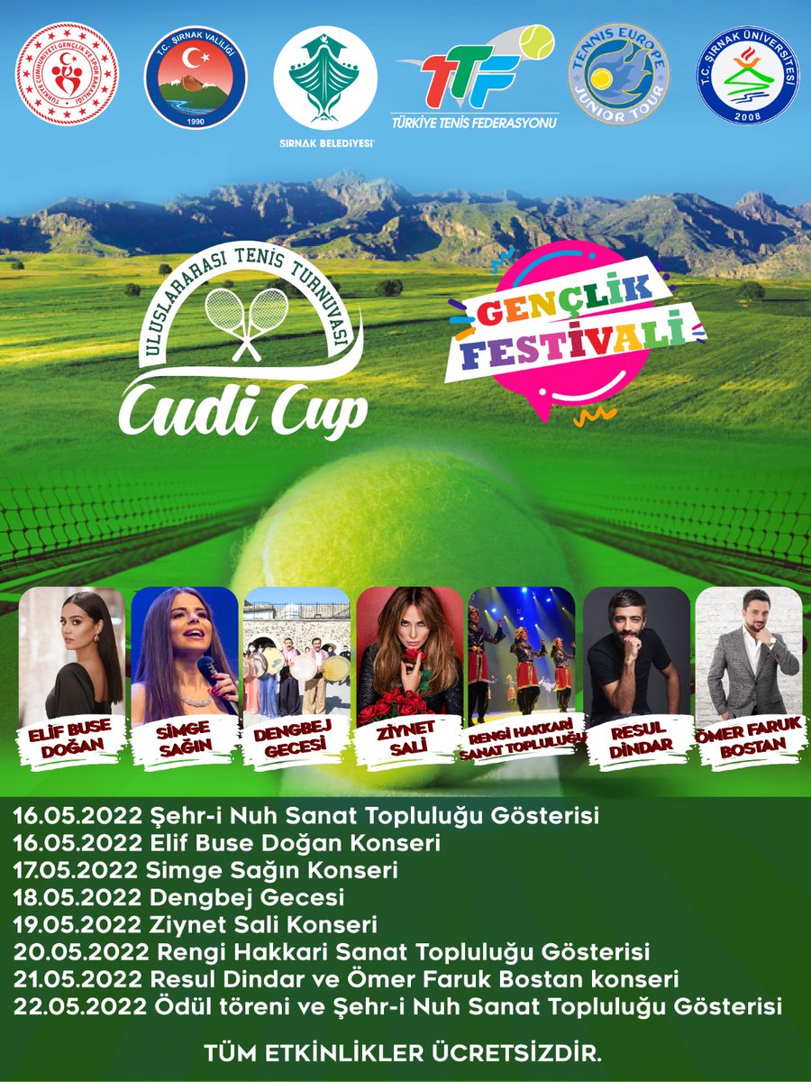 TTForgtr's tweet photo. Cudi Cup'a son 5 gün ⏳

Şırnak'ın ilk uluslararası tenis turnuvası Cudi Cup'ta tenis şöleni ve Gençlik Festivali bir arada 🎼🎷🎻🎸🎺

Şırnak'ta sürprizlerle dolu bir hafta bizi bekliyor 🤩

Tüm etkinlikler ücretsizdir ✅

#CudiCup | @cudi_cup https://t.co/mvSVNELztb