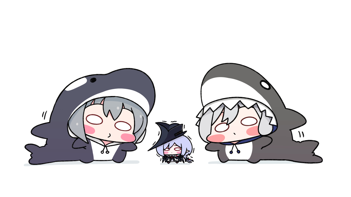 skadi (arknights) ,specter (arknights) multiple girls 3girls shark costume animal costume chibi white background grey hair  illustration images