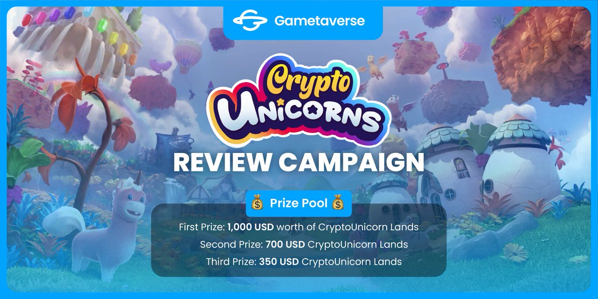 Gametaverse_DAO's tweet photo. 📢Attention, #GameFi players, analysts and researchers!

🥳Join the @GametaverseDAO X @crypto_unicorns Review Campaign &amp; win big prizes!

🥇1000 USD worth of CryptoUnicorn #NFT Lands
🥈700 USD CryptoUnicorn Lands
🥉350 USD CryptoUnicorn Lands

📅Deadline: May 15, 2022

👇Details: https://t.co/H8Az4Dbz8H