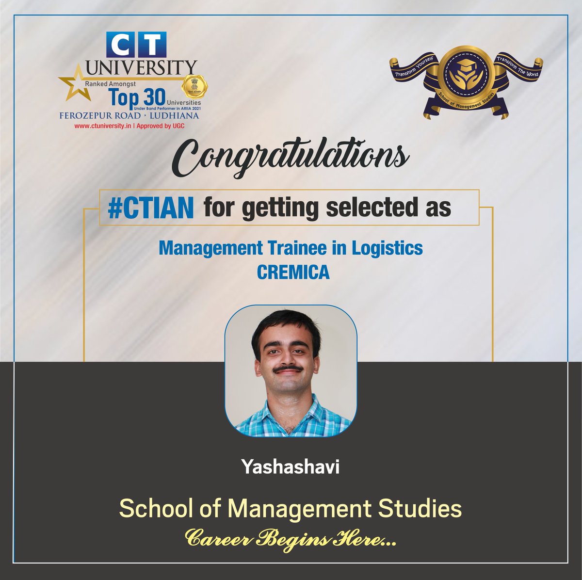 CT_University's tweet photo. Congratulations #CTian Yashashvi Chauhan from School of Management Studies for getting selected as Management Trainee in Logistics Cremica.
We are proud of You !
#placement #CTU #TeamCT #SCHOOLOFMANAGEMENTSTUDIES #careerbeginshere https://t.co/Q9xPdqY25g