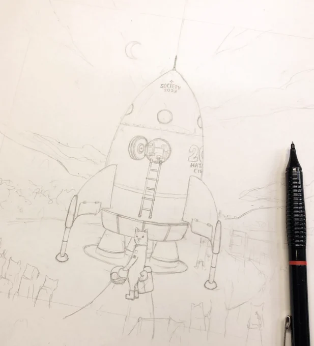 全体ラフラフ✏️
さあロケットで出発だ!なシーンですが、ほんとはアイロニー濃いめ。
#制作過程 