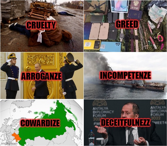 NetchillN's tweet photo. Main #Russian traits:
1. Cruelty
2. Greed
3. Arrogance
4. Incompetence
5. Cowardice
6. Deceitfulness

#Russia #Rusia #Ukraine #Ukraina #Lavrov #Putin #Azov #Donbas #Mariupol #Kremlin #NATO #EU #China #India #Pakistan #Venezuela #Argentina #Algeria #Polska #Suomi #Sverige #Israel https://t.co/CjdN8urtlB