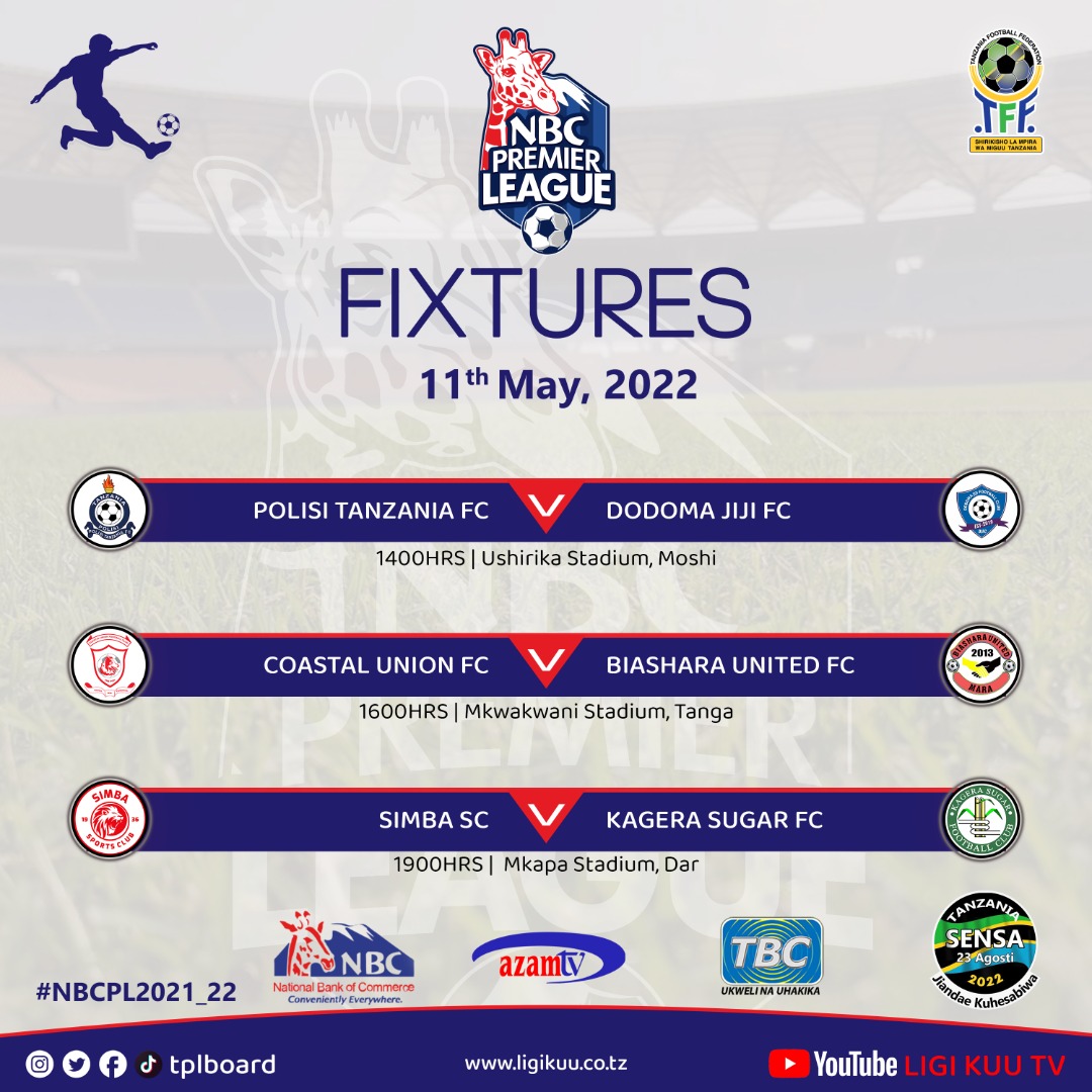 tplboard's tweet photo. Ratiba ya Ligi Kuu ya NBC leo Jumatano, Mei 11, 2022.
#NBCPLFixtures
@tplboard @Tanfootball @NBCTanzania @azamtvtz @TBConlineTZ https://t.co/xSrLD20R03