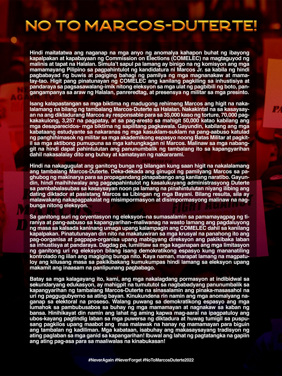 r4ehs's tweet photo. Kami, ang mahigit 500 na nakalagdang pormasyon at indibidwal sa sekundaryang edukasyon, ay mahigpit na tumututol sa nagbabadyang panunumbalik sa kapangyarihan ng tambalang Marcos-Duterte na sinasalamin ang pinaka-masasahol na uri ng paggugubyerno sa bayan.

#NoToMarcosDuterte2022 https://t.co/GQO4uDfGAa