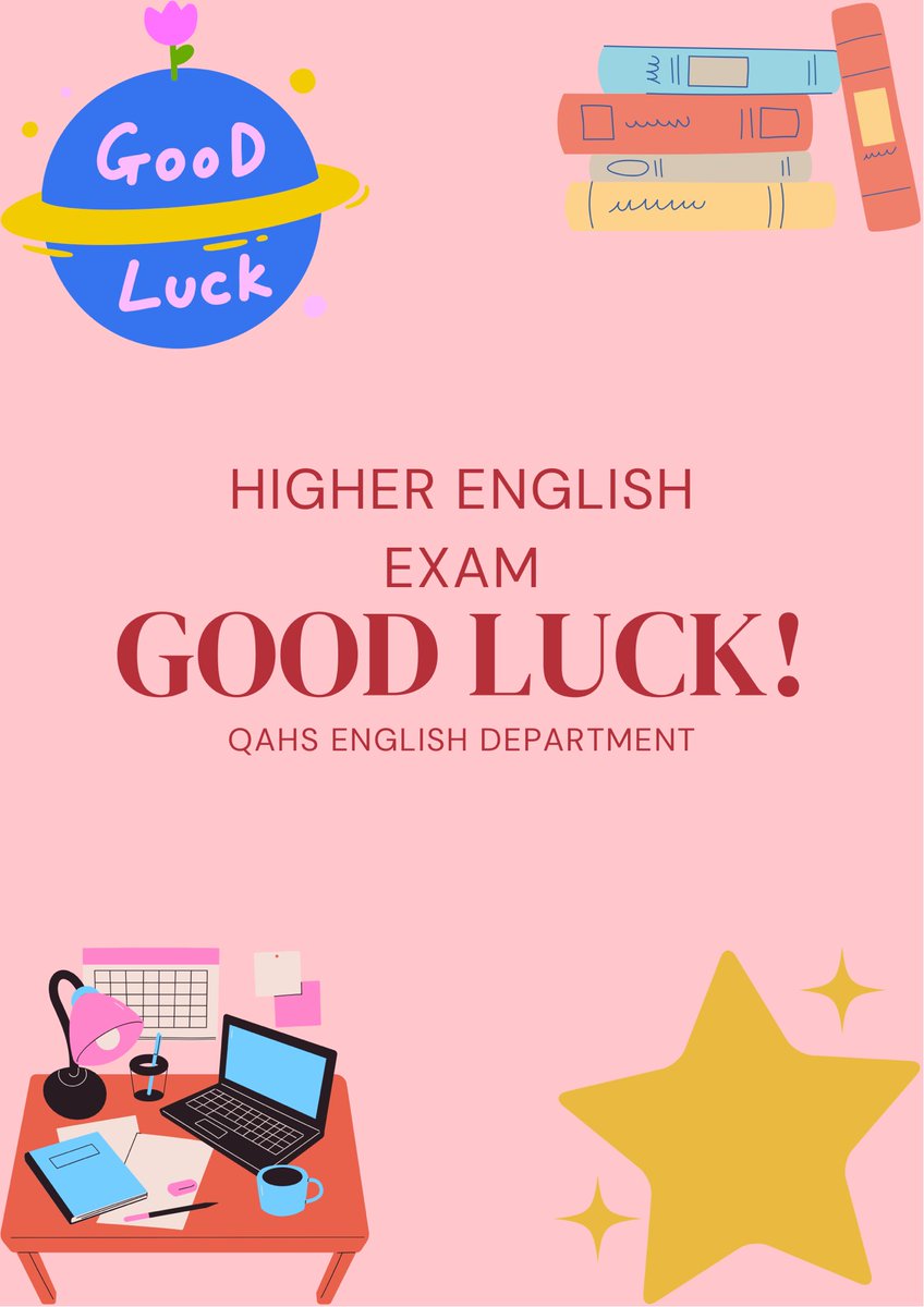 QAHS_English's tweet photo. Best of luck to all our Higher English pupils sitting their exam today! Remember to read every question carefully, stay calm and believe in yourself! 🤞✏️📚 https://t.co/HoQWFsmMdd