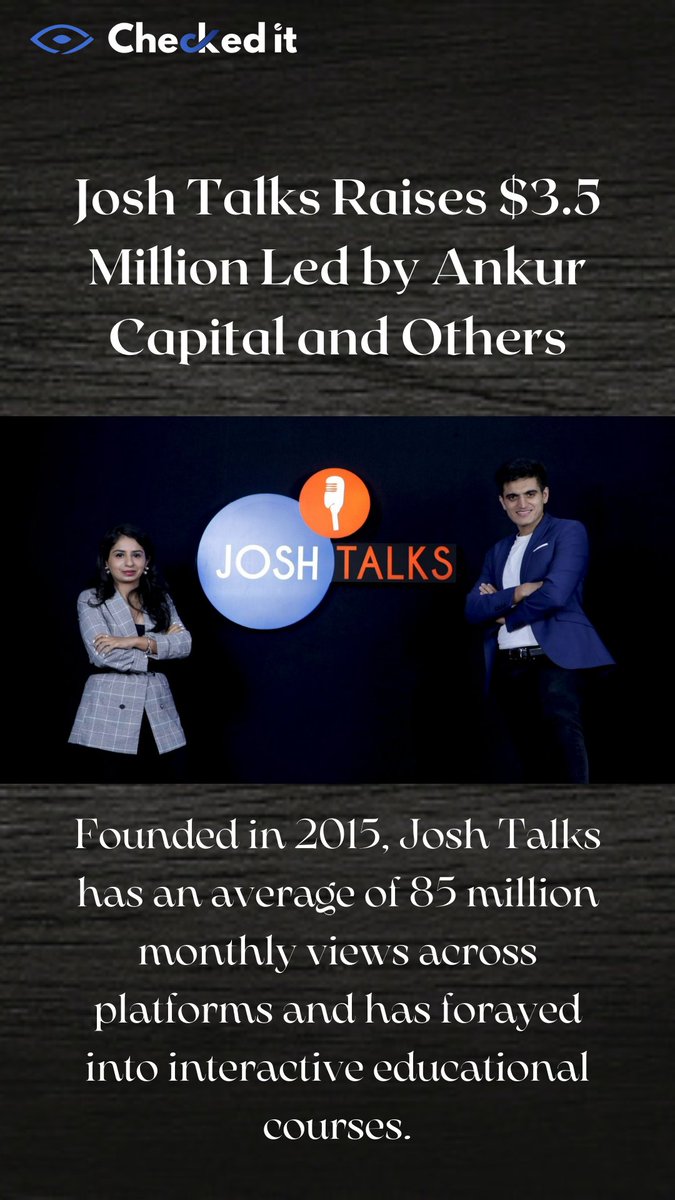 CheckedIt1's tweet photo. Josh Talks, which was founded in 2015, has an average of 85 million monthly views across platforms.
 
#startups #investment #funding #checkedit #checked_it #educhecked https://t.co/YmjgeqbVHH