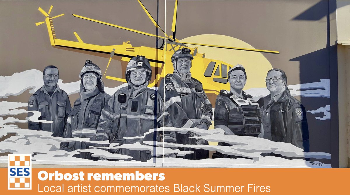 vicsesnews's tweet photo. Local #VICSES units and #CFA brigades have commissioned a mural at #Orbost, with funding from #EMV commemorating the work of emergency services during the #BlackSummerFires, and includes a likeness from each emergency service, and a representation of a #Fijian crew of volunteers. https://t.co/4q22f4DegA