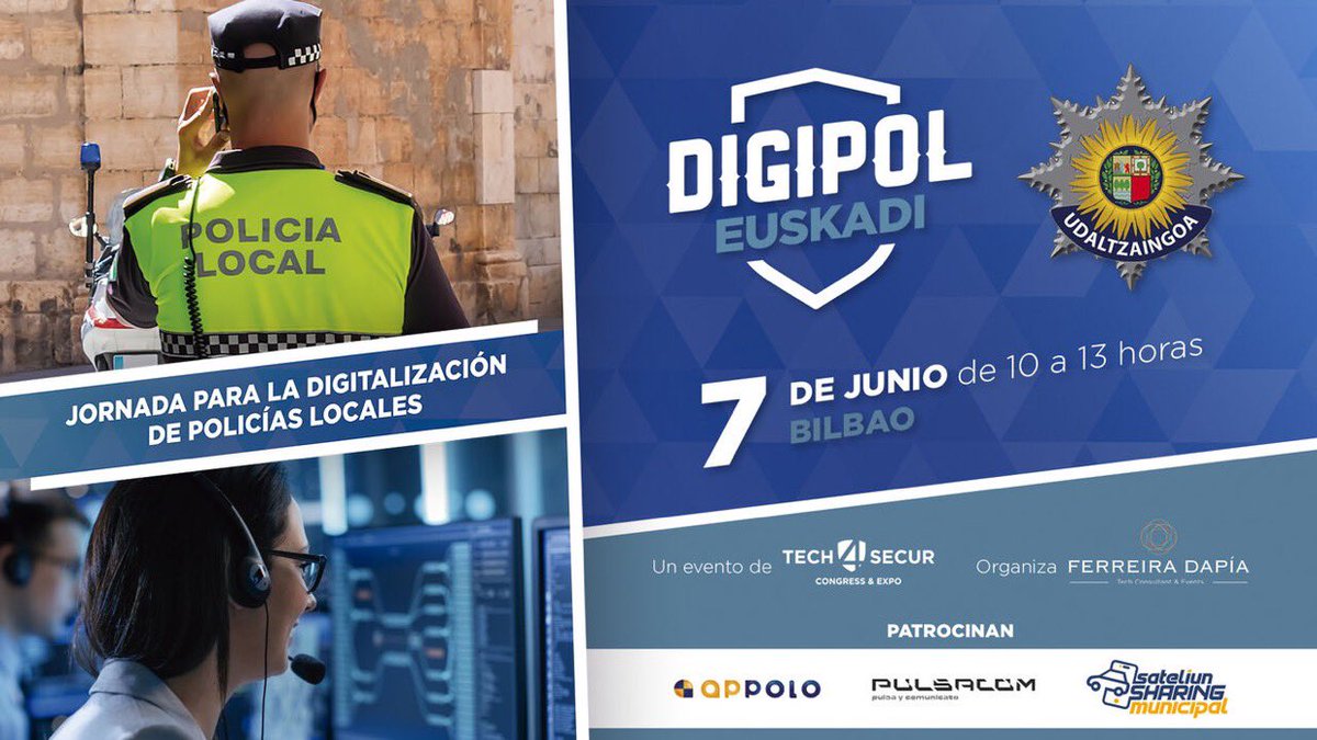 ferreiradapia's tweet photo. 🅳🅸🅶🅸🅿🅾🅻 Euskadi
📍Bilbao📍
🗓 7 de junio del 2022 🗓
➡️ https://t.co/VY4HBr6Iea 
☝🏻Patrocinan: #APPOLO &amp; @Radiospectrum_ PULSACOM
🚨 Un evento del @tech4secur  
⚡️Organiza: @ferreiradapiaTC 

#digipol #tech4secur #poc #pulsacom #pulsaycomunicate #appolo #policialocal https://t.co/kGRs1A3QGX