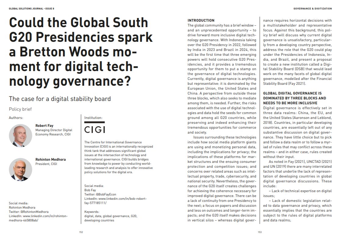 glob_solutions's tweet photo. How do the next #Global-South #G20 presidencies have an opportunity to make #digital #governance more representative and democratic? Read the policy brief by @BobFayEcon and @RohintonMedhora, @CIGIonline in the new #GSJournal: https://t.co/qom1jwzg3w https://t.co/MNmCnYIxnF