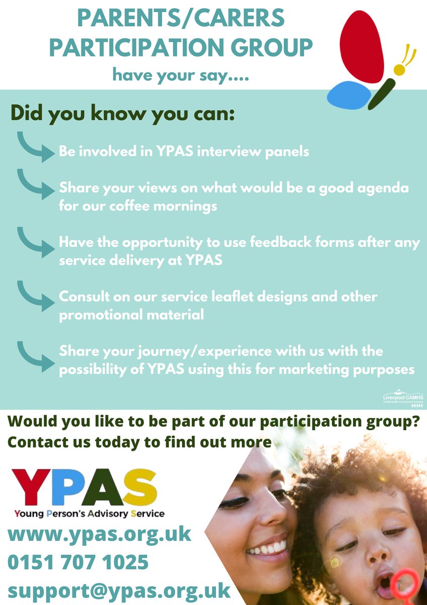 Parents/Carers Participation Group - Have your Say! There is lots going on to get involved with, from being part of interview panels to joining our new 'Parent Walk' Group Contact us to find out more: support@ypas.org.uk @LivCAMHSFYI @llpartnership