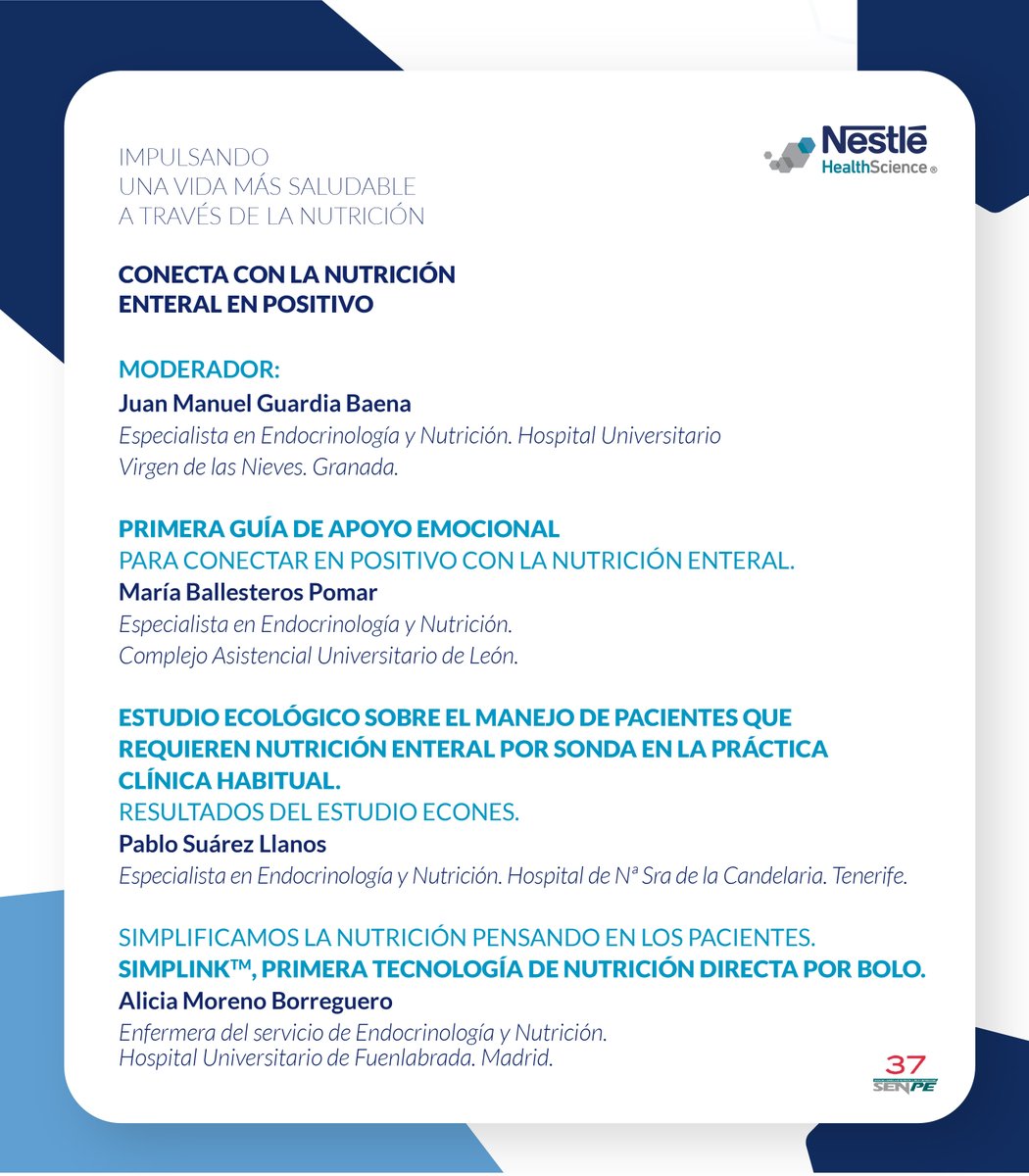 Nestlehealthsc's tweet photo. Nos vemos en el próximo 37 Congreso SENPE del 18 al 20 de Mayo donde te invitamos al simposio “CONECTA CON LA NUTRICIÓN ENTERAL EN POSITIVO”. #SENPE2022 #NestléInnova #NutricionEnteral #NutricionClinica https://t.co/Q3LuRfB7o0