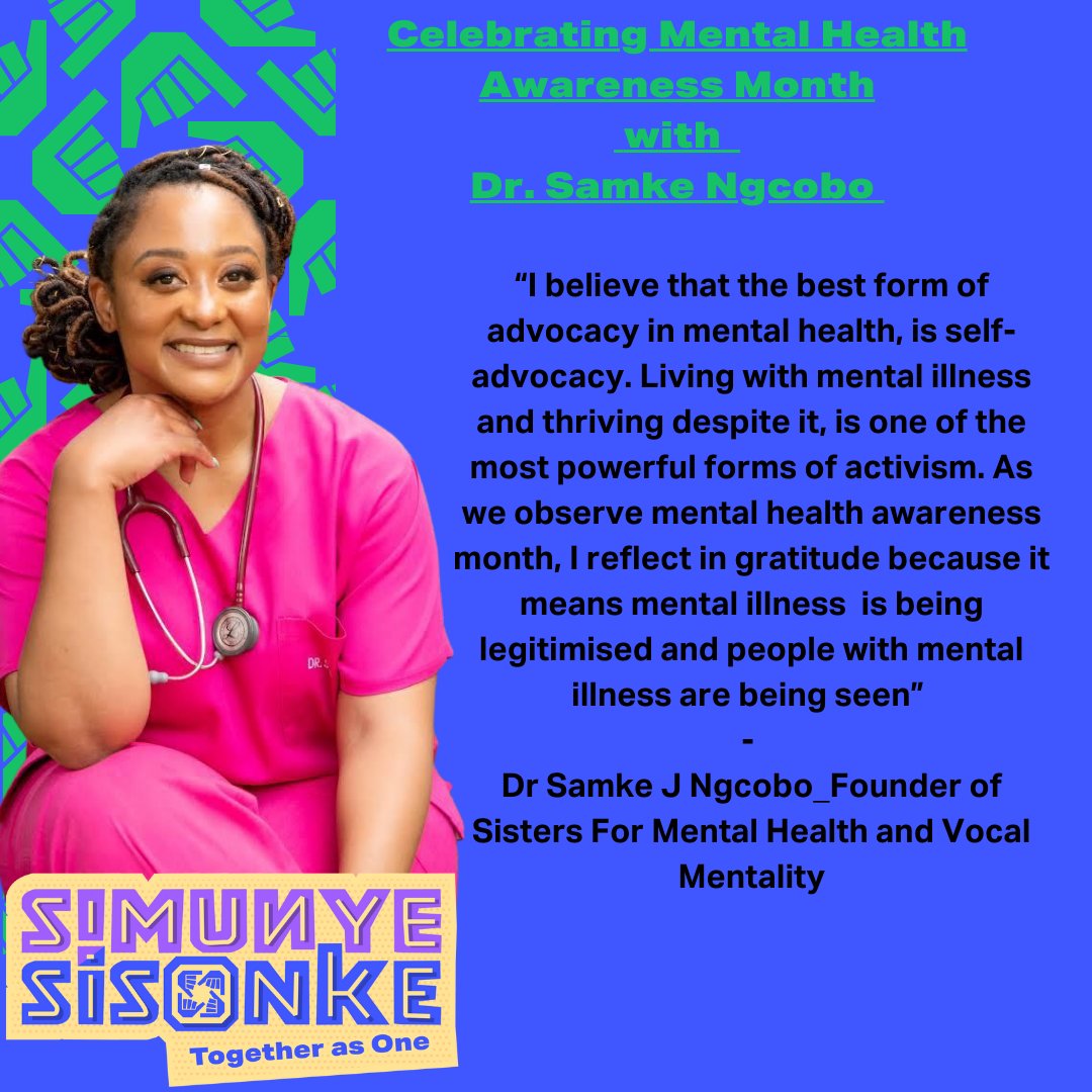 For Mental Health Awareness Month, we are celebrating change agents. Our first feature post is the inspiring Dr. Samke Ngcobo a medical doctor and mental health advocate. For more on her work follow Dr. Samke on Instagram via @_vocalmentality @sistersformentalhealth