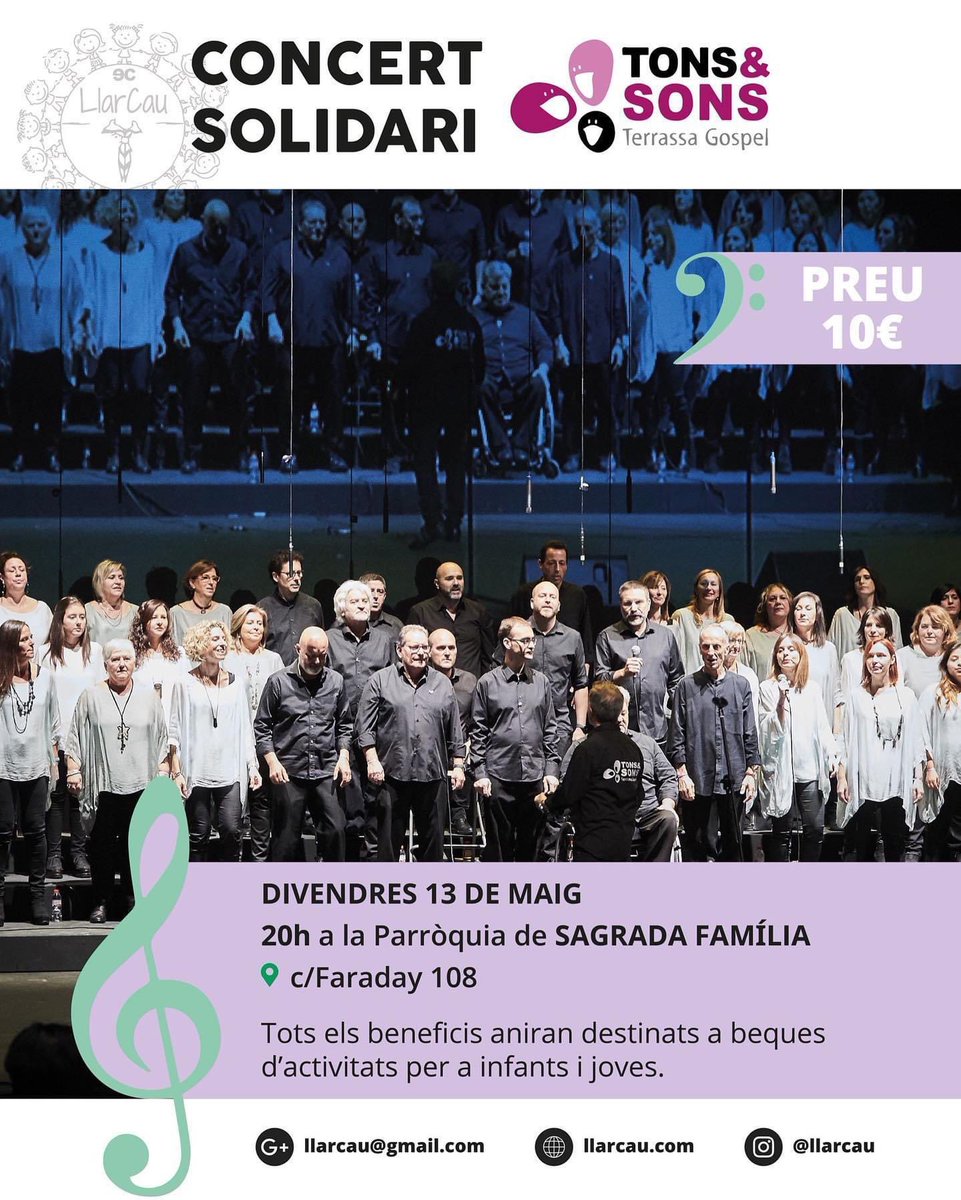 Concert solidari a la vista! Serà aquest divendres a la Sagrada Família, i està organitzat per @llarcau , amb la finalitat de recaptar diners per a que joves i nens puguin accedir a beques per a activitats d’estiu. Ens ajudeu?