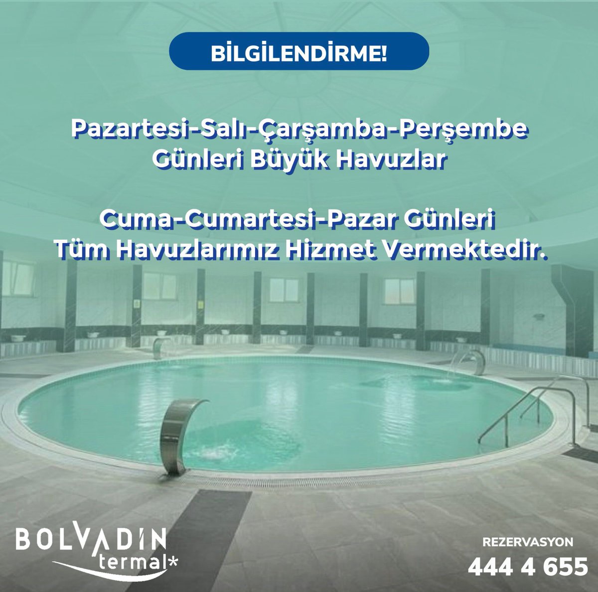 BİLGİLENDİRME!!!
 Değerli misafirlerimiz Pazartesi,salı,çarşamba ve perşembe günleri büyük havuzlarımızda cuma,cumartesi ve pazar günleri tüm havuzlarımızla sizlere hizmet vereceğiz. Termal suyun şifa veren etkilerini Bolvadin Termal’de keşfedin 💧🏊💧
Su ile gelen şifa…
