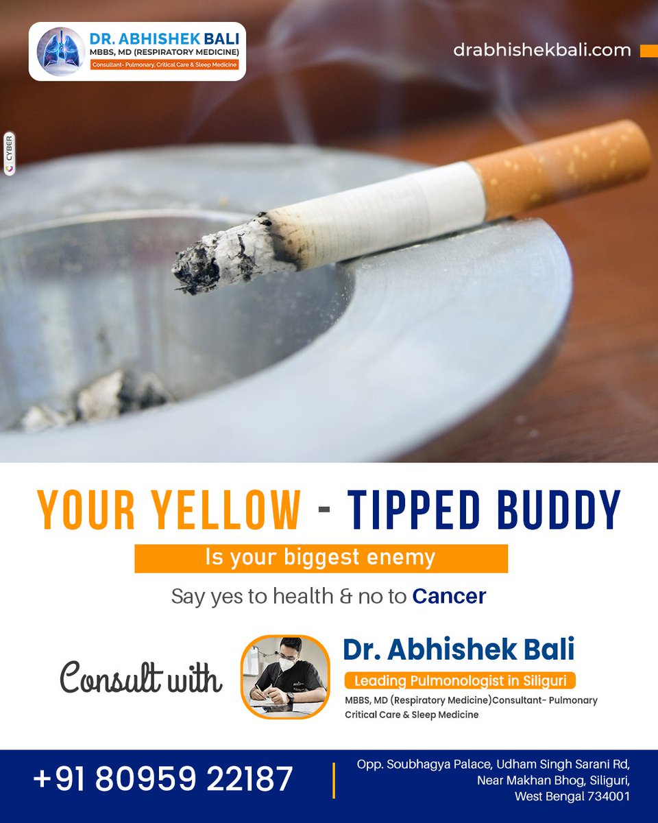 Your yellow-tipped buddy is your biggest enemy.
Say yes to health and No to Cancer.
Call for appointments: +91 80959 22187
Visit: drabhishekbali.com
#quitsmoking #breathingeasy #saynotocancer #avoidpolution #pumonologist #drabhishekbali