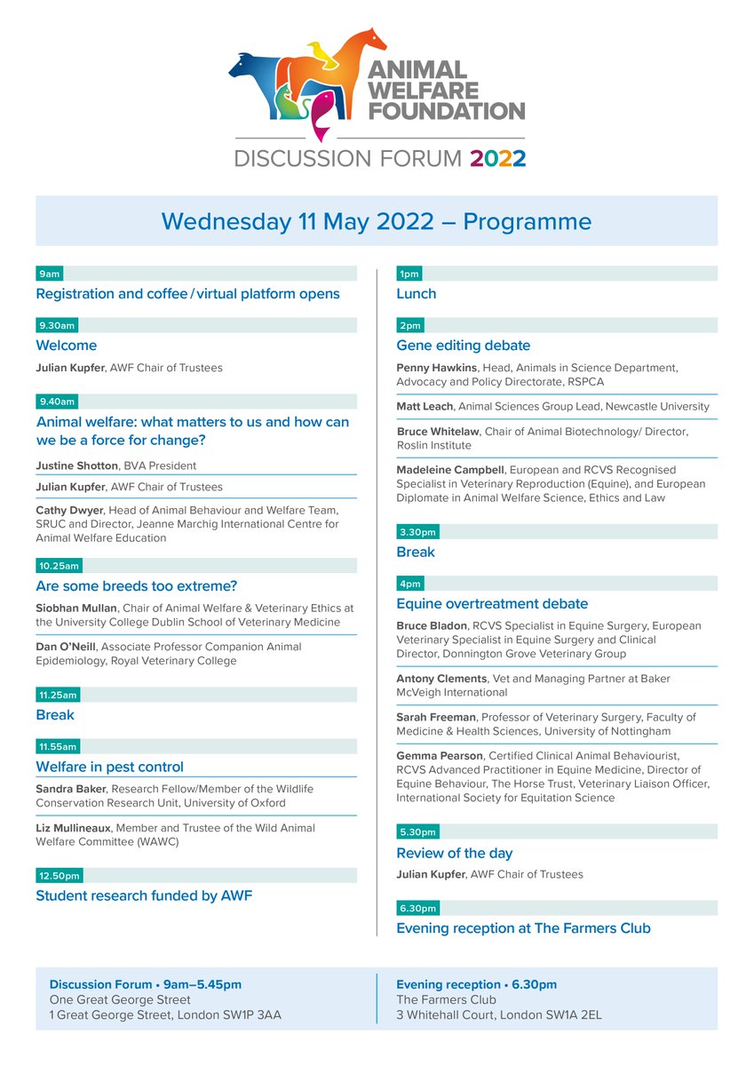 AWF_VETS's tweet photo. Today is the day of our Discussion Forum event! Follow us @AWF_VETS and #AWFdebate for live updates. 
Throughout the day, we’ll be presenting a programme of top #AnimalWelfare issues for discussion. 
View our programme here: https://t.co/6tatMkrHCk https://t.co/mQyF8n8jtL