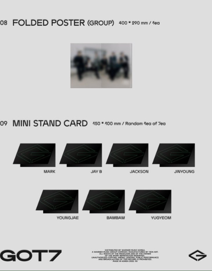อัลบั้ม #GOT7 
1. กล่อง
2. โฟโต้บุ๊ค สุ่ม 1:7 มี 100 หน้า
3. ซีดี 1 แผ่น
4. สมุดเนื้อเพลง สุ่ม 1:7 มี 24 หน้า
5. โฟโต้การ์ด สุ่ม 2:42
6. โพลารอย สุ่ม 1:7
7. โปสเตอร์เดี่ยว สุ่ม 1:7
8. โปสเตอร์รวม 1 แบบ
9. มินิสแตนการ์ด สุ่ม 1:7

สุ่มทุกอย่างจ้าแม่5555555555555555