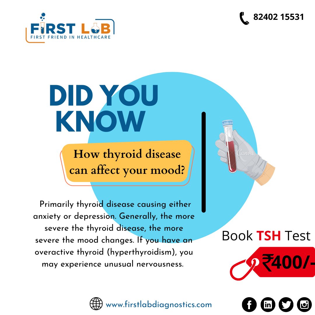 firstlab_d's tweet photo. Thyroid disease can affect your mood. 
Check your TSH level in Firstlab Diagnostics at 400/- Only
Book Test on - 82402 15531
https://t.co/KMW4D0315Y https://t.co/y5JSREeh4C