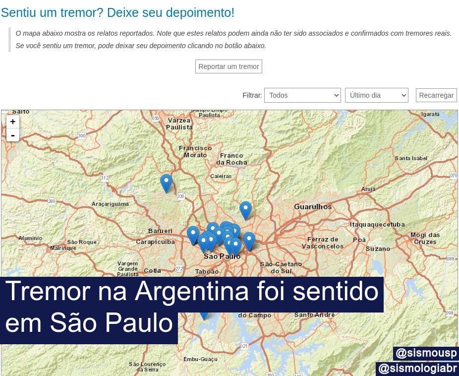 (1/5)O Centro de Sismologia-USP (<a href="/sismousp/">Centro de Sismologia da USP</a>) recebeu dezenas de relatos de sismonautas em SP que sentiram um tremor por volta das 20:15 de ontem (10/05), tudo indica que o tremor sentido em alguns lugares da Grande São Paulo foi gerado pelo terremoto de magnitude 6.8 na Argentina+