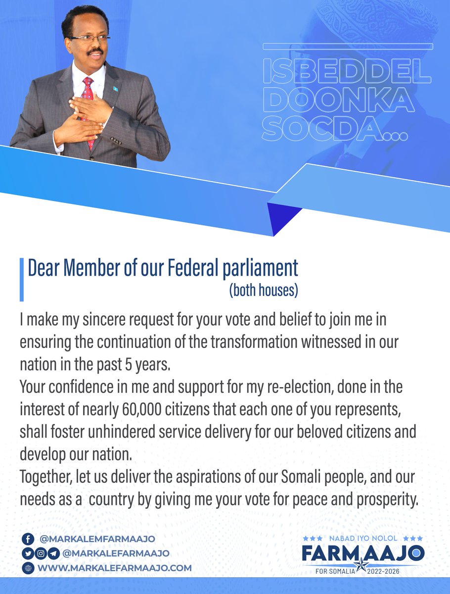 somaliboy188's tweet photo. H.E @M_Farmaajo: "I am running to be the President of the Federal Republic of Somalia once more, to lead the continuity of our nation’s transformation witnessed in the last 5 years." https://t.co/2IP1gydyJJ https://t.co/5u41eIM4D2