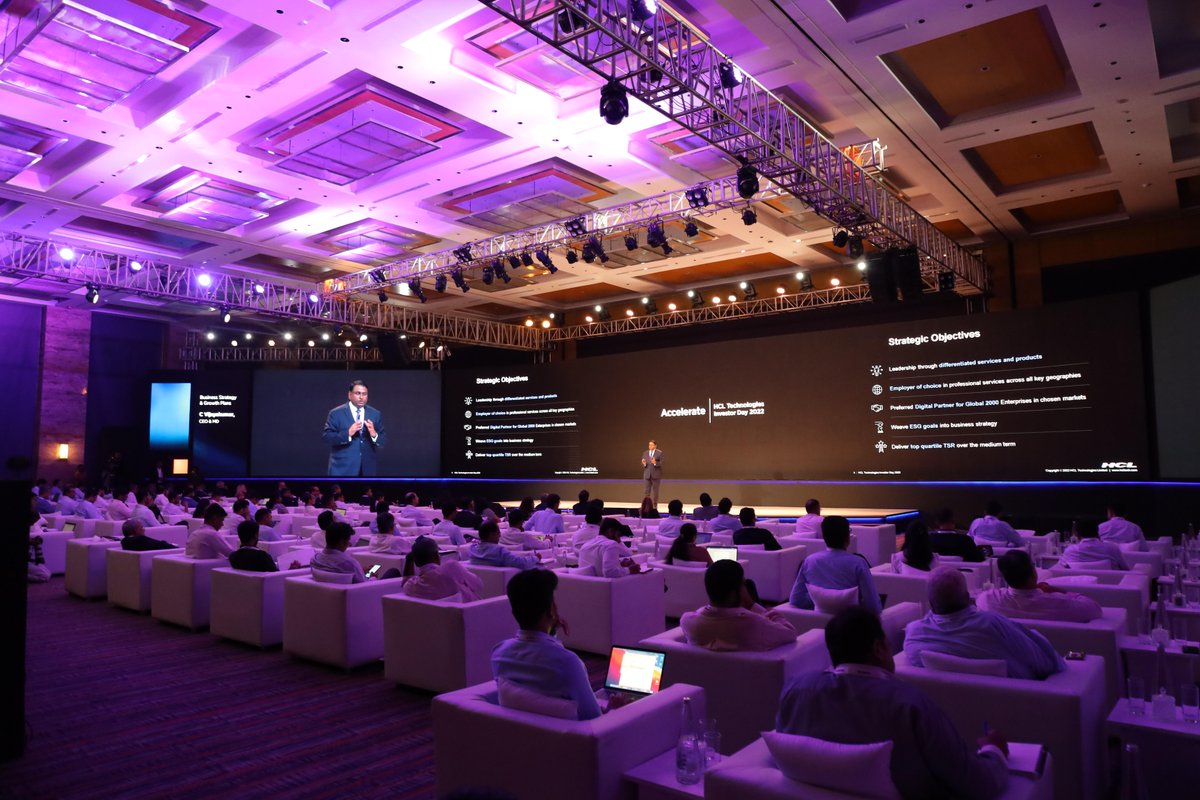 hcltech's tweet photo. A full house, live from Mumbai as our leaders share insights on HCL Technologies' differentiated strategy and perspectives on opportunities for our next phase of accelerated growth. 
Follow #HCLAccelerate through the day for more highlights of our 2022 Investor Day. https://t.co/7aZbBXyJFj